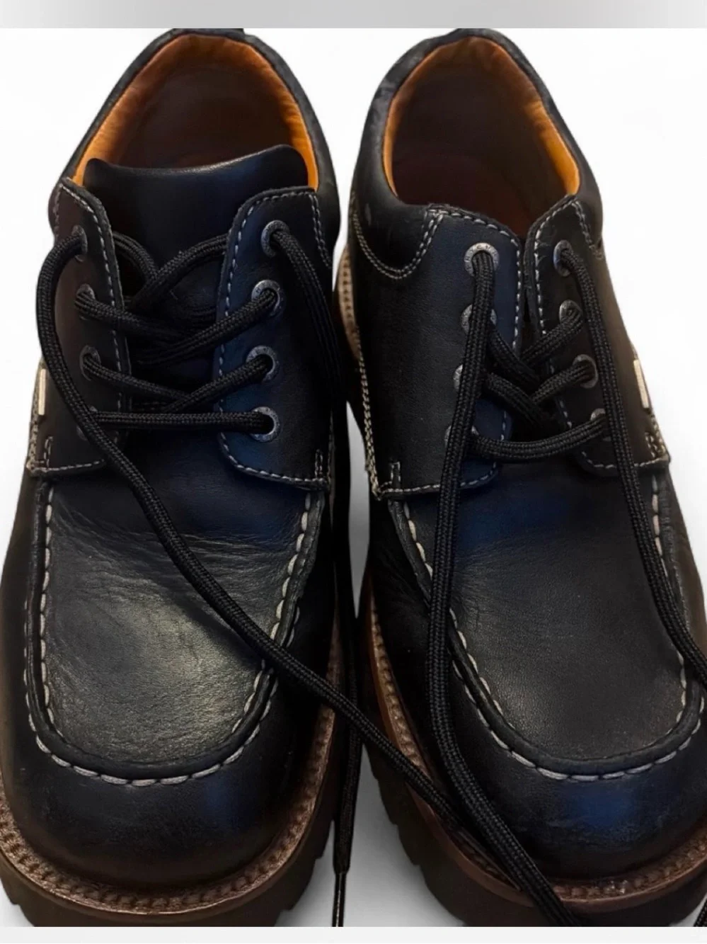 Frye Black Leather Chukka Boots with Brown Welt and Yellow Pull Tabs mens 9